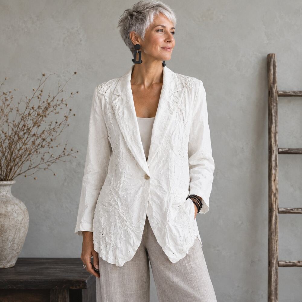 Chico's White NWT Novelty EMbroidered Linen Blazer 3
